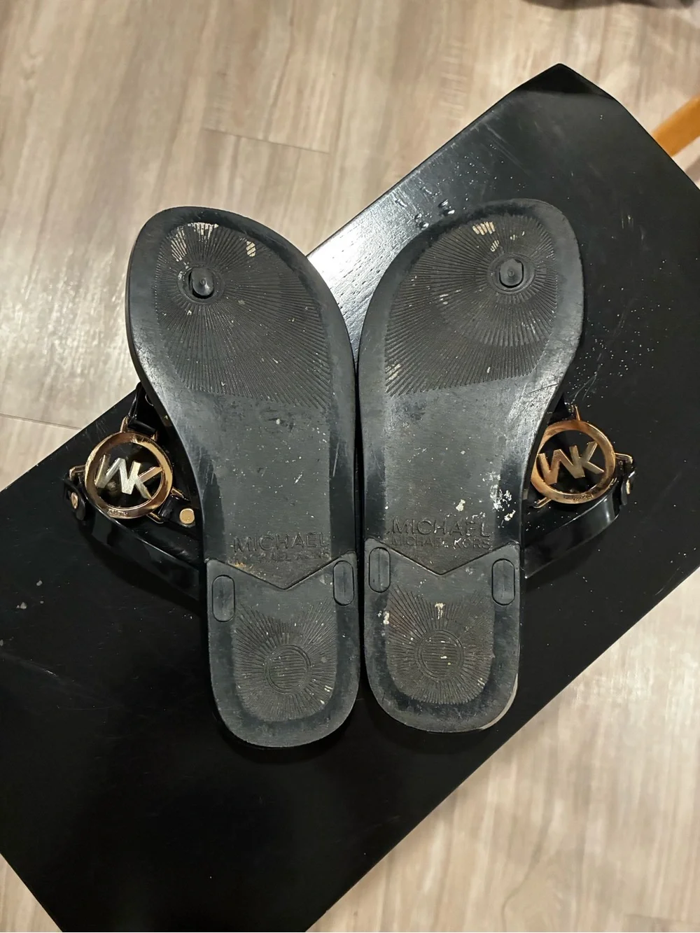 Michael Kors Black Patent Thong Sandals with Cork-Style Footbed